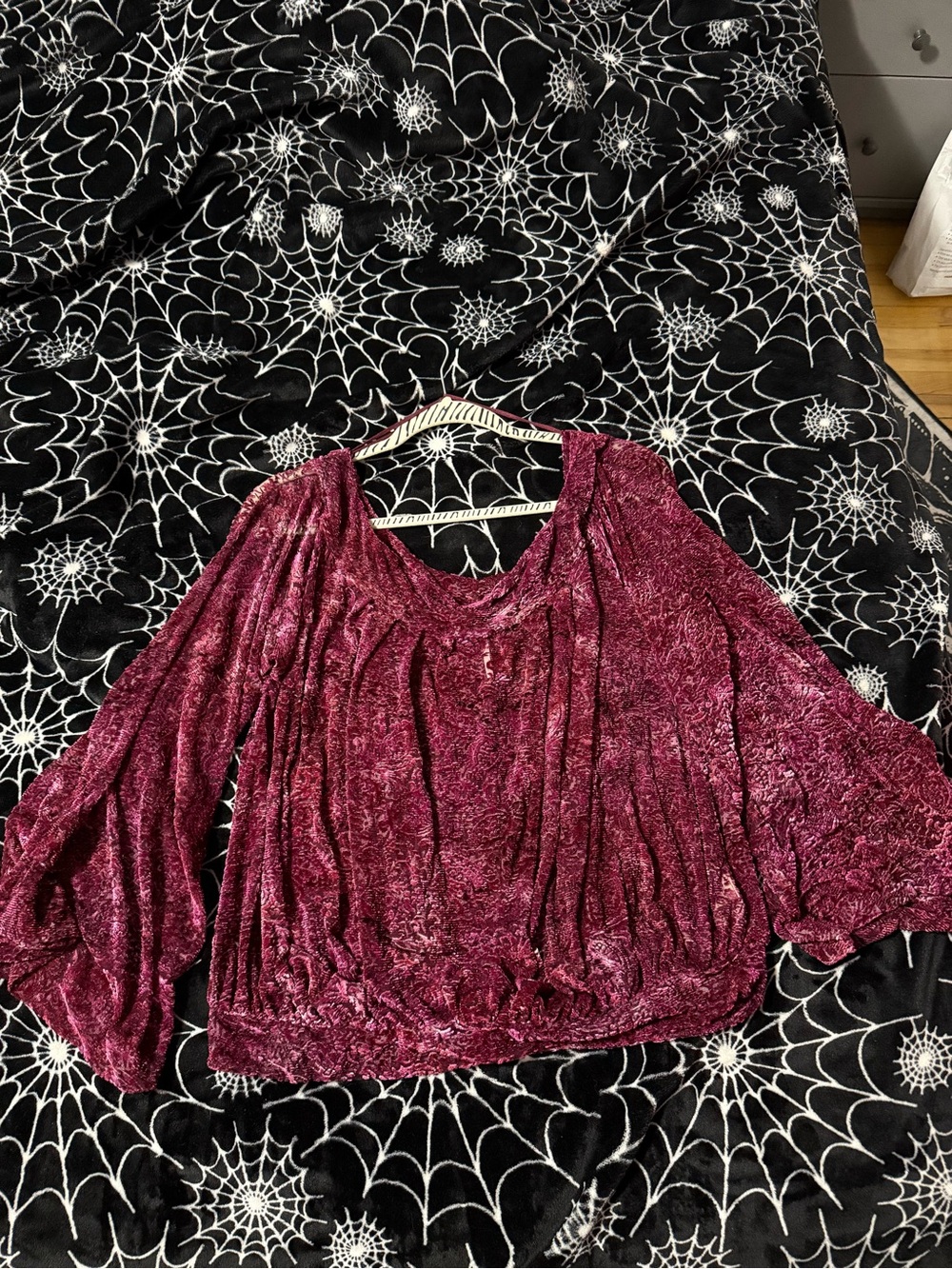 Free People Crushed Velvet Bishop Sleeve Top - Wine